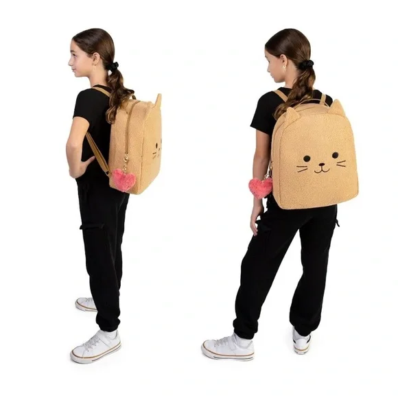 Adorable Tan Cat Backpack with Pink Heart Charm - Picture 4 of 11